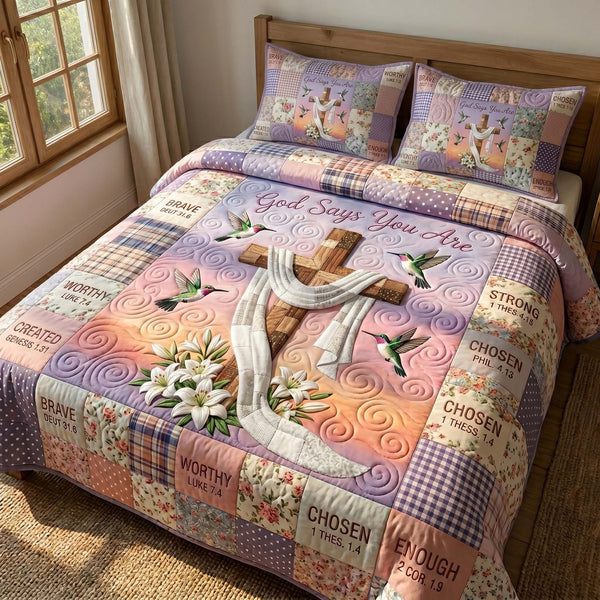 Faith Blossoms quilted 3-piece bedding set on a made bed in a softly lit bedroom
