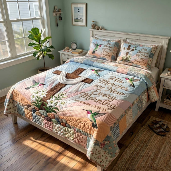 Faith Blossoms quilted 3-piece bedding set on a made bed in a softly lit bedroom