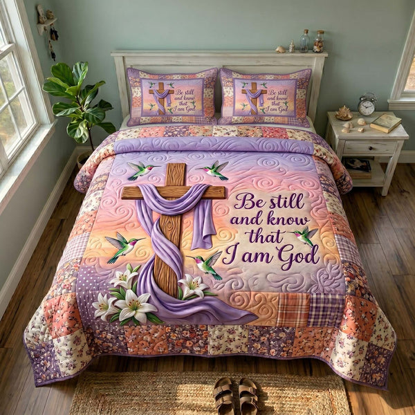 Faith Blossoms quilted 3-piece bedding set on a made bed in a softly lit bedroom