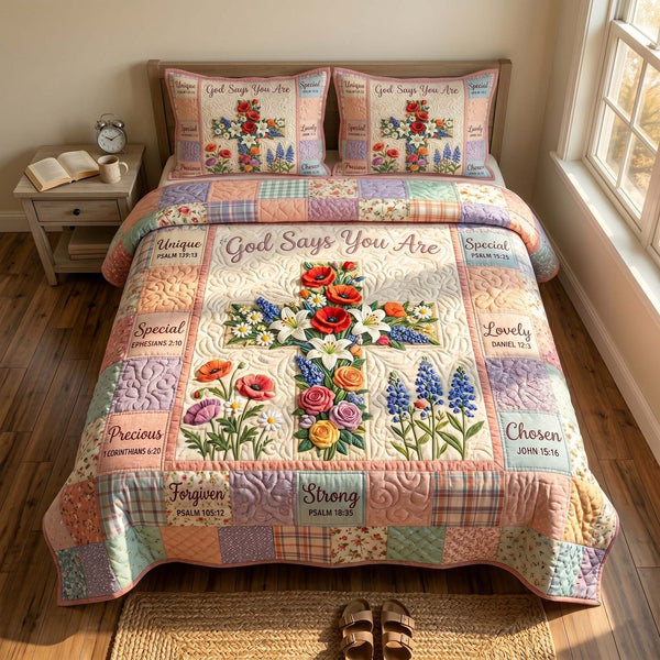 Faith Blossoms quilted 3-piece bedding set on a made bed in a softly lit bedroom