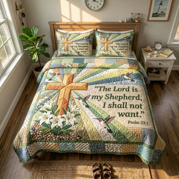 Faith Blossoms quilted 3-piece bedding set on a made bed in a softly lit bedroom