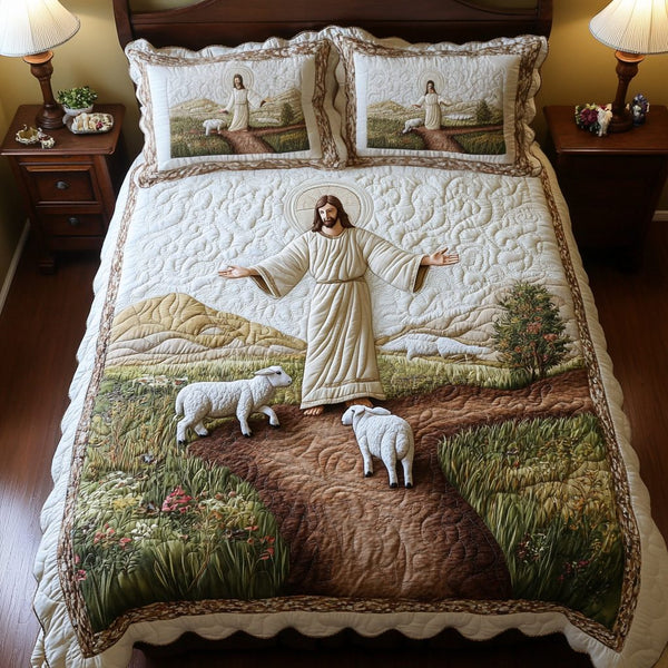 Faith Embrace quilted 3-piece bedding set on a made bed in a softly lit bedroom