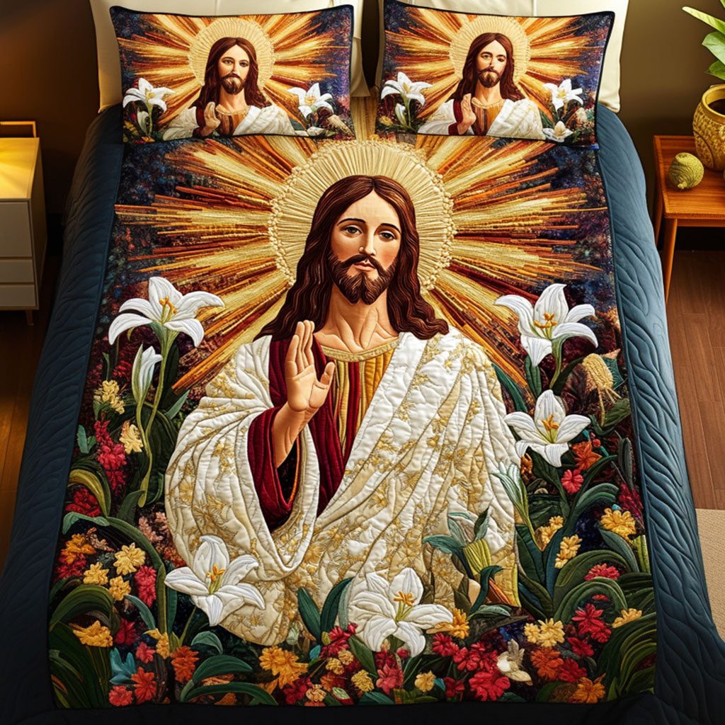 Faith Embrace quilted 3-piece bedding set on a made bed in a softly lit bedroom