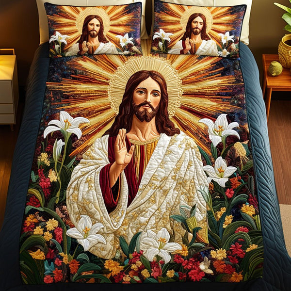 Faith Embrace quilted 3-piece bedding set on a made bed in a softly lit bedroom