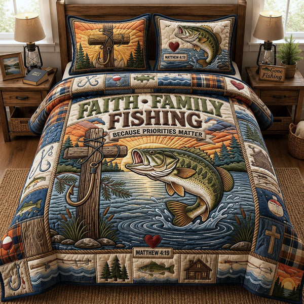 Faith Family Fishing quilted 3-piece bedding set on a made bed in a softly lit bedroom