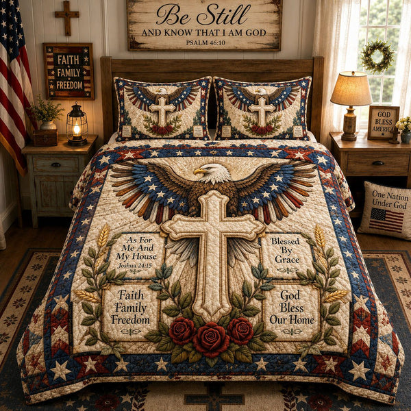 Faith Freedom Christian quilted 3-piece bedding set on a made bed in a warmly lit bedroom
