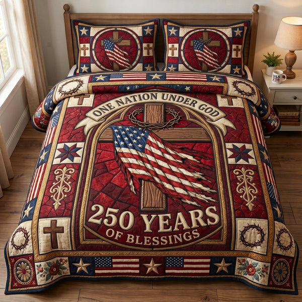 Faith Freedom quilted 3-piece bedding set on a made bed in a warmly lit bedroom