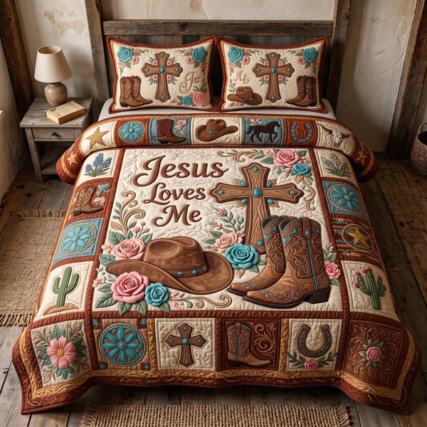 Faith Frontier quilted 3-piece bedding set on a made bed in a softly lit bedroom