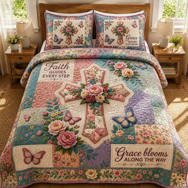Faith Guides Every Step quilted 3-piece bedding set on a made bed in a softly lit bedroom