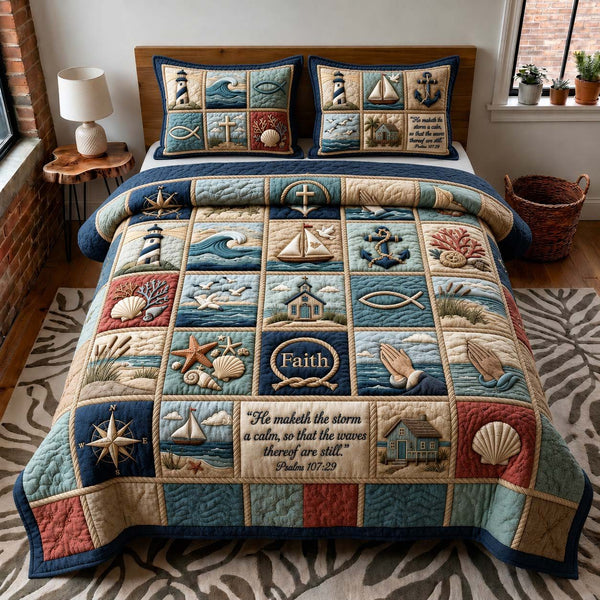Faith Harbor quilted 3-piece bedding set on a made bed in a softly lit bedroom