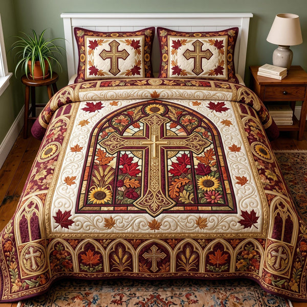 Faith Harvest quilted 3-piece bedding set on a made bed in a softly lit bedroom