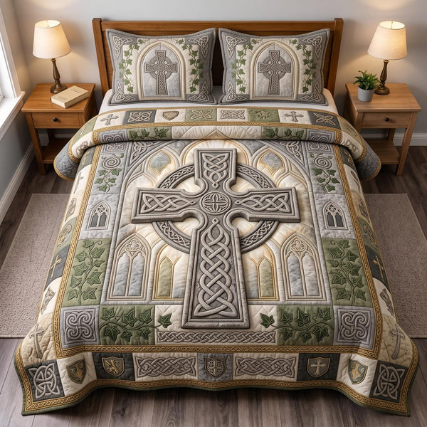 Faith Heritage quilted 3-piece bedding set on a made bed in a softly lit bedroom
