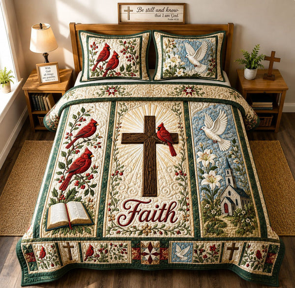 Faith Hope and Peace Sanctuary quilted 3-piece bedding set on a made bed in a softly lit bedroom