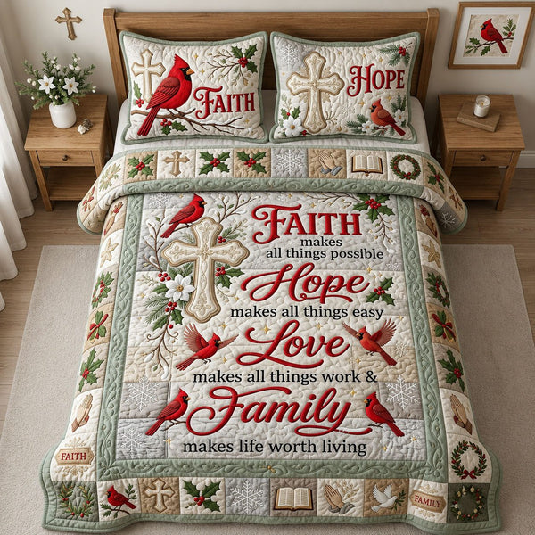 Faith Hope Love Family quilted 3-piece bedding set on a made bed in a softly lit bedroom