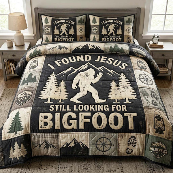 Faith Hunt quilted 3-piece bedding set on a made bed in a softly lit bedroom