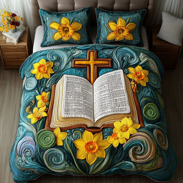 Faith in Flowers quilted 3-piece bedding set on a made bed in a softly lit bedroom