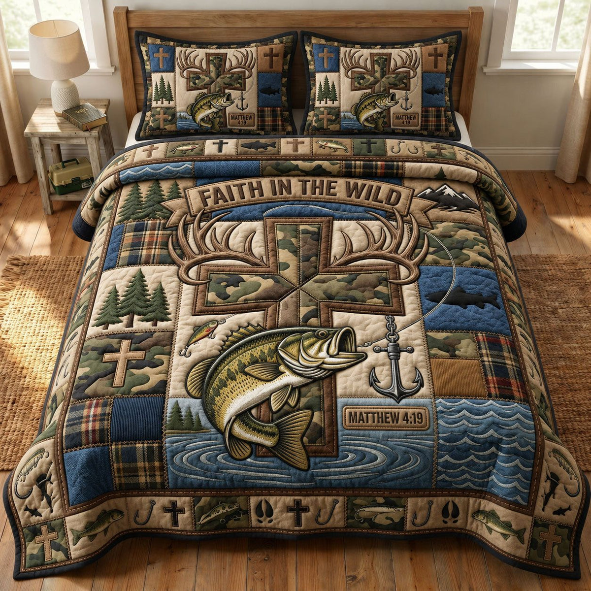 Faith In The Wild quilted 3-piece bedding set on a made bed in a softly lit bedroom