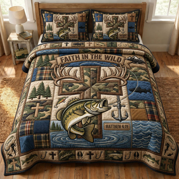 Faith In The Wild quilted 3-piece bedding set on a made bed in a softly lit bedroom