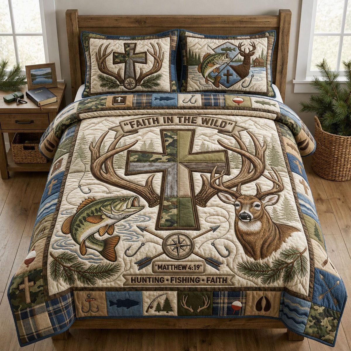 Faith In The Wild quilted 3-piece bedding set on a made bed in a softly lit bedroom