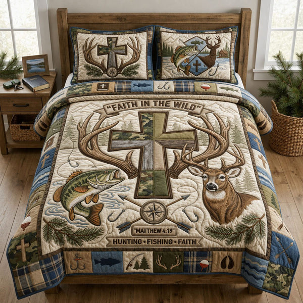 Faith In The Wild quilted 3-piece bedding set on a made bed in a softly lit bedroom