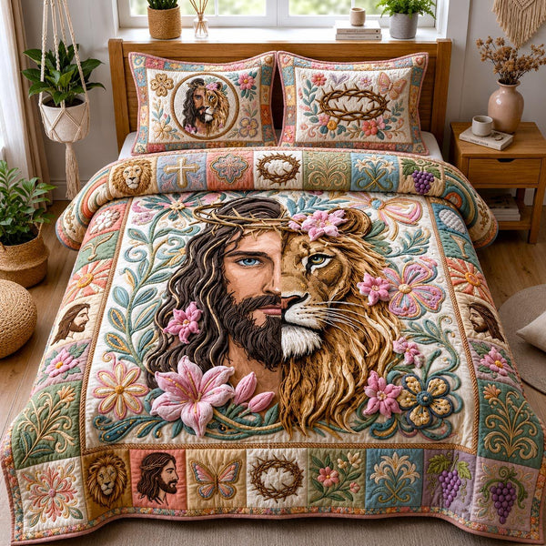 Faith Kingdom quilted 3-piece bedding set on a made bed in a softly lit bedroom