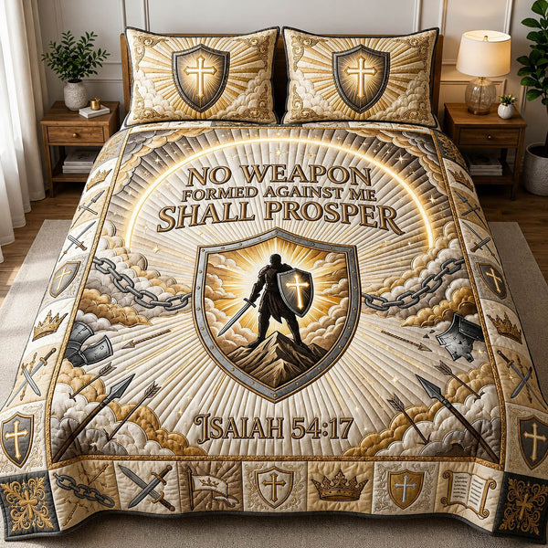 Faith Knight quilted 3-piece bedding set on a made bed in a softly lit bedroom