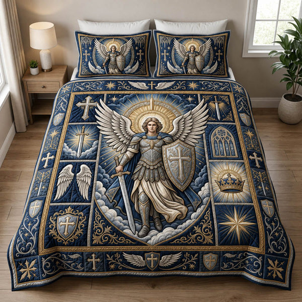 Faith Knight quilted 3-piece bedding set on a made bed in a softly lit bedroom