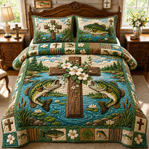 Faith Lake Cross quilted 3-piece bedding set on a made bed in a softly lit bedroom