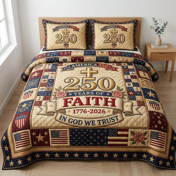 Faith Legacy quilted 3-piece bedding set on a made bed in a softly lit bedroom