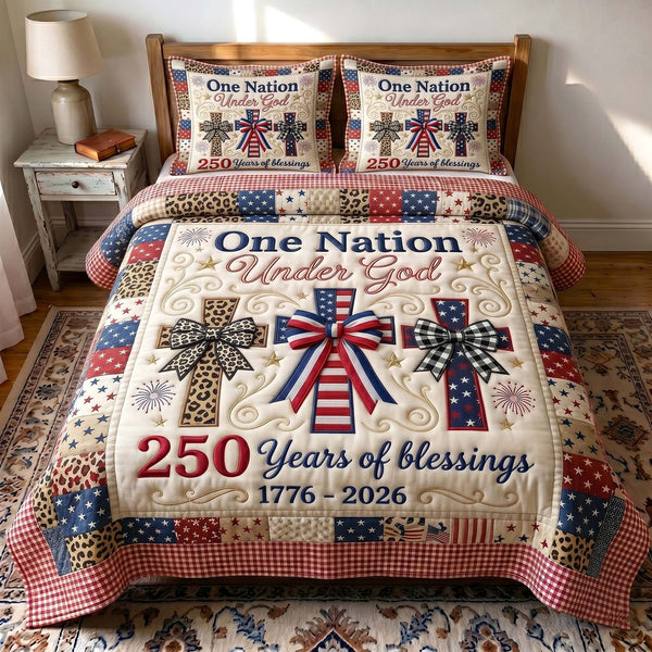 Faith Liberty quilted 3-piece bedding set on a made bed in a warmly lit bedroom