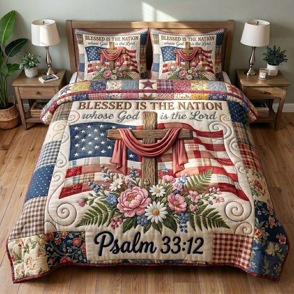 Faith Liberty quilted 3-piece bedding set on a made bed in a warmly lit bedroom