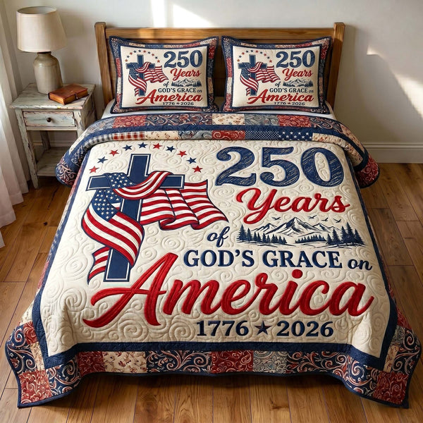 Faith Liberty quilted 3-piece bedding set on a made bed in a warmly lit bedroom