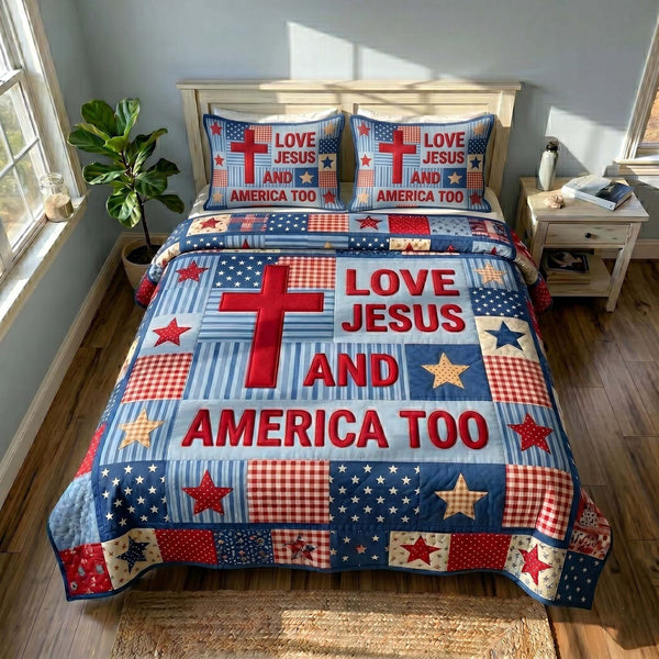 Faith Liberty quilted 3-piece bedding set on a made bed in a warmly lit bedroom