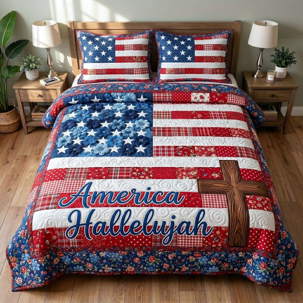 Faith Liberty quilted 3-piece bedding set on a made bed in a warmly lit bedroom