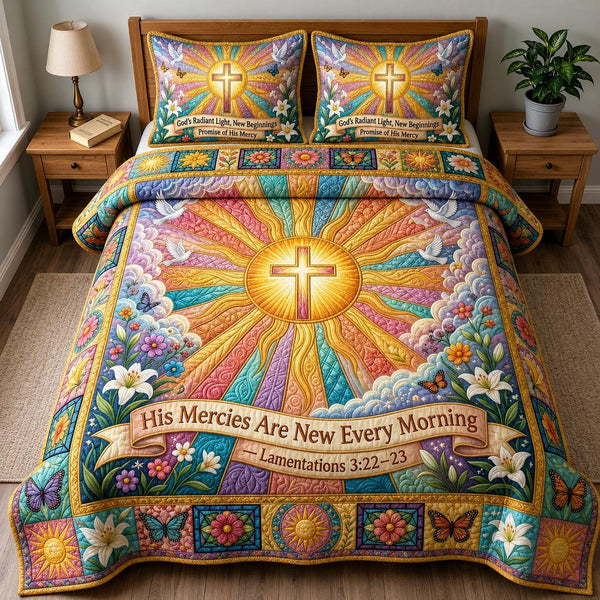 Faith Light quilted 3-piece bedding set on a made bed in a softly lit bedroom