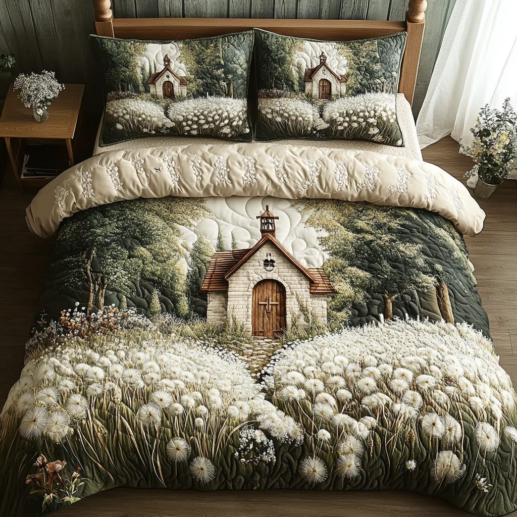 Faith Meadow quilted 3-piece bedding set on a made bed in a softly lit bedroom