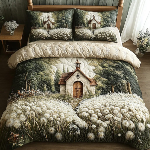 Faith Meadow quilted 3-piece bedding set on a made bed in a softly lit bedroom