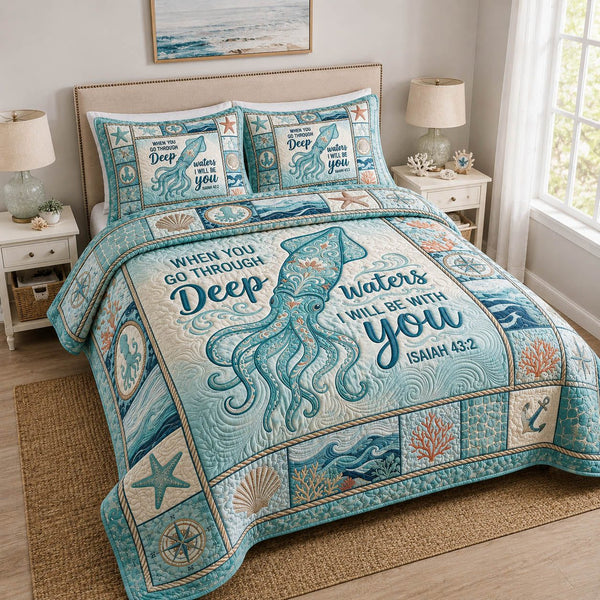 Faith Ocean quilted 3-piece bedding set on a made bed in a softly lit bedroom