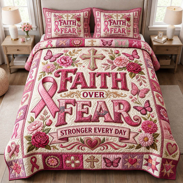 Faith Over Fear quilted 3-piece bedding set on a made bed in a softly lit bedroom