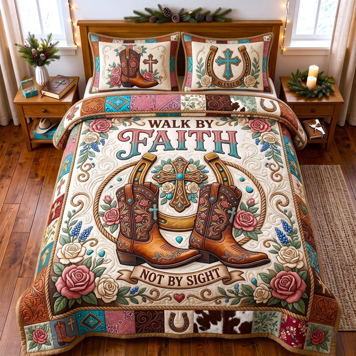 Faith Over Fear quilted 3-piece bedding set on a made bed in a softly lit bedroom