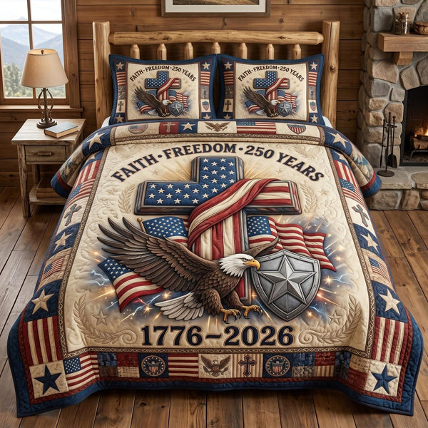 Faith Patriot quilted 3-piece bedding set on a made bed in a warmly lit bedroom