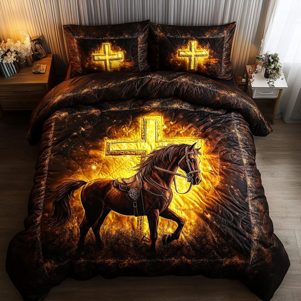 Faith Ride quilted 3-piece bedding set on a made bed in a softly lit bedroom