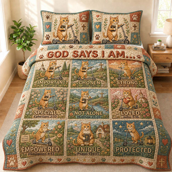 Faith Scooter Cat Affirmations quilted 3-piece bedding set on a made bed in a softly lit bedroom