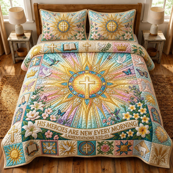 Faith Shine quilted 3-piece bedding set on a made bed in a softly lit bedroom