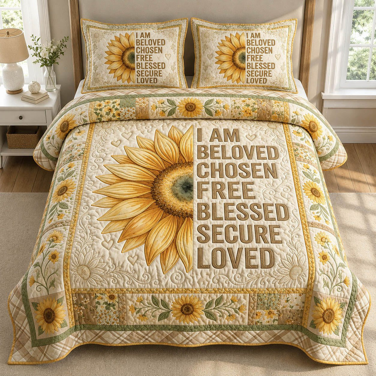 Faith Sunflower quilted 3-piece bedding set on a made bed in a softly lit bedroom