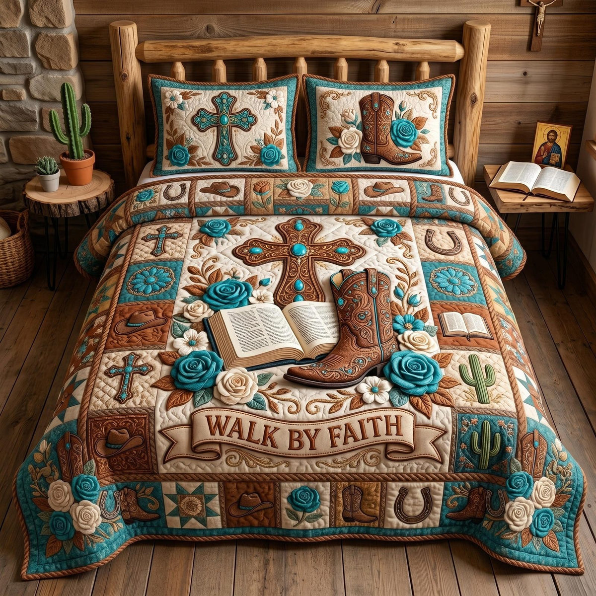 Faith Trails quilted 3-piece bedding set on a made bed in a softly lit bedroom