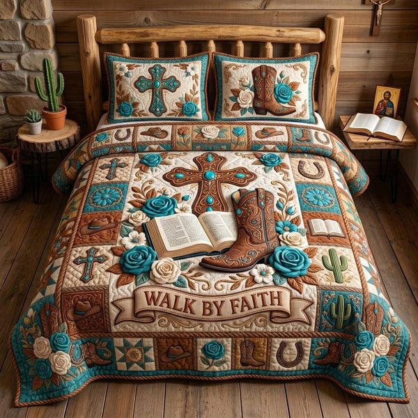 Faith Trails quilted 3-piece bedding set on a made bed in a softly lit bedroom