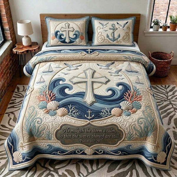 Faith Waves quilted 3-piece bedding set on a made bed in a softly lit bedroom