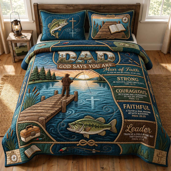 Faithful Angler quilted 3-piece bedding set on a made bed in a softly lit bedroom