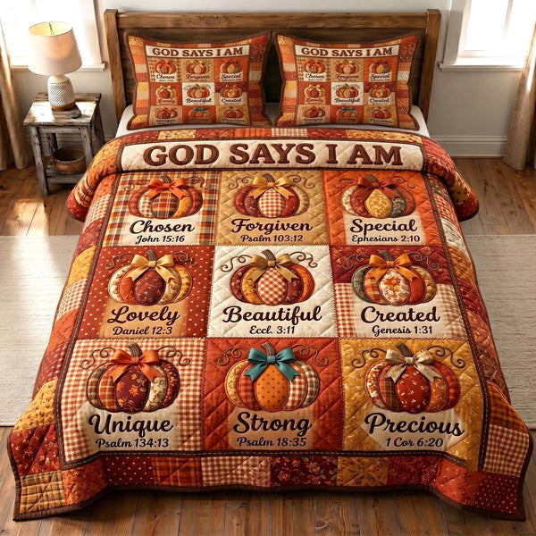 Faithful Autumn quilted 3-piece bedding set on a made bed in a softly lit bedroom